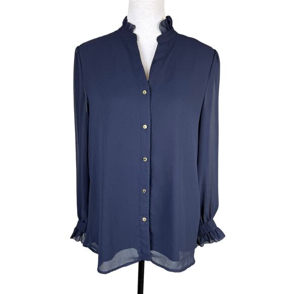 Carmen Marc Valvo Navy Sheer Chiffon Long Sleeve Button Up Business Blouse - Picture 1 of 13
